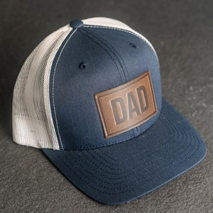 Dad Stamp Hat Leather Patch Trucker Style Hats Mother's Day Gift Gift for Dad Apparel for New Dad Birthday Gift Father's Day NvyWht/Cafe Leather
