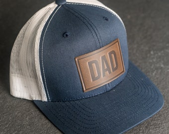 Dad Stamp Hat | Leather Patch Trucker Style Hats | Gift for Dad | Apparel for New Dad | Birthday | Personalized Gift