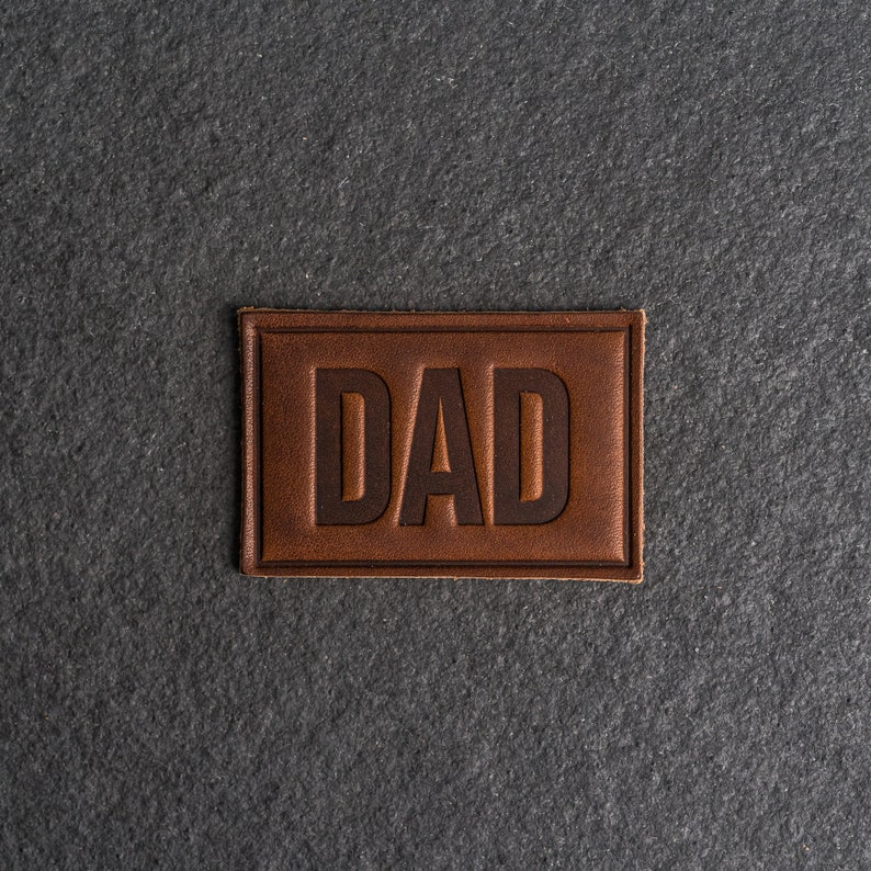 DAD Leather Patch Velcro Option 3 x 2 Rectangle New Dad Patch for backpacks, jackets, and more Father's Day Gift Nut Brown Dublin