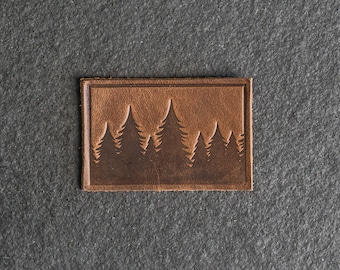 Pine Tree Leather Patch |  Optional Hook and Loop Fastener | 3&quot; x 2&quot; Rectangle | Tree Ridgeline Hiking Patch for Backpacks | Back to School
