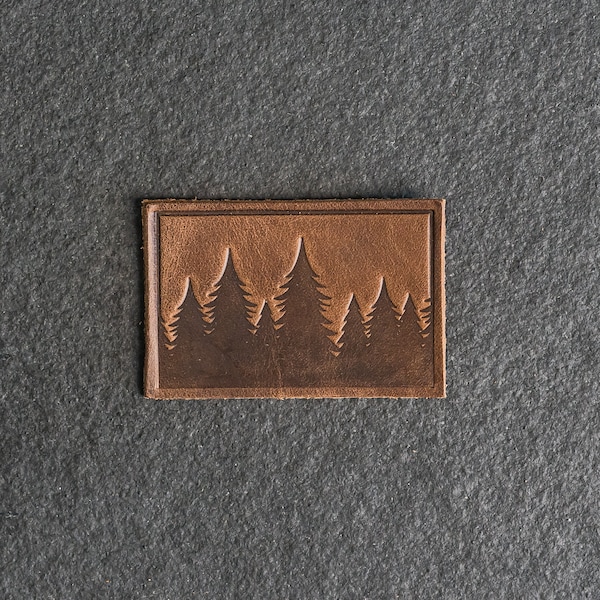 Pine Tree Leather Patch | Velcro Option | 3" x 2" Rectangle | Tree Ridgeline Hiking Patch for Backpacks | Mother's Day Gift