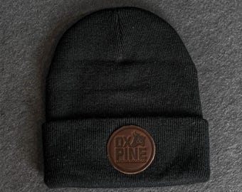Beanie with Leather Patch Attached - Ox & Pine (Circle) Stamp | Father's Day Gift