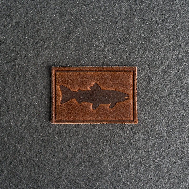 Fish Stamp Leather Patch Velcro Option 3 x 2 Rectangle Fishing Hiking Outdoor Patch for Backpack, Jacket, and more Mother's Day Nut Brown Dublin