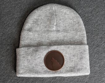Beanie with Leather Patch Attached - Wolf (Circle) Stamp | Father's Day Gift