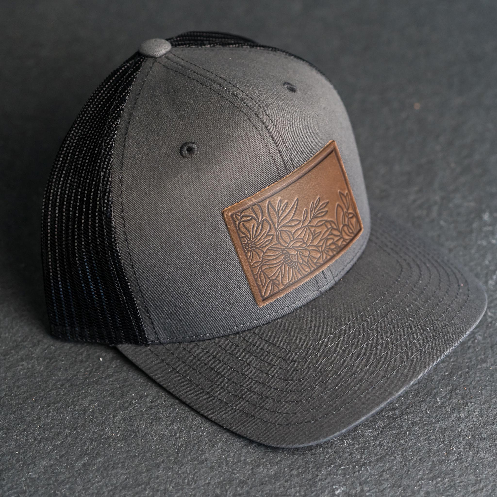Floral Stamp Trucker Hat | Leather Patch Trucker Style Hats  display picture 3