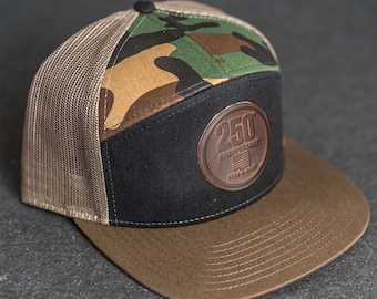 America’s 250th Anniversary Leather Circle Patch Hat – Flat Bill 7 Panel Trucker Hat – Limited Edition | Father's Day Gift