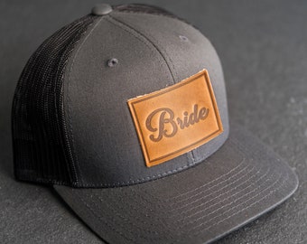 Bride and Groom Hats - cursive font | Leather Patch Trucker Style Hats | Wedding Hats | Wedding Gifts | Mother's Day Gift