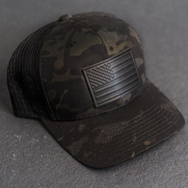 American Flag Hat Black Multicam Trucker Style Hat w/ Black Leather Patch | USA Flag or Personalized | Camo | Mother's Day Gift