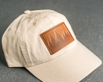 Pine Tree Unstructured Hat | Leather Patch Unstructured Style Hats | Pine Ridgeline Hat | Mom Hat | Mountains Hiking Apparel | Mothers Day