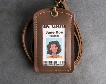 Leather ID Card Holder with Lanyard | Personalized Leather Lanyard with Badge Holder | Anniversary | Mother's Day Gift