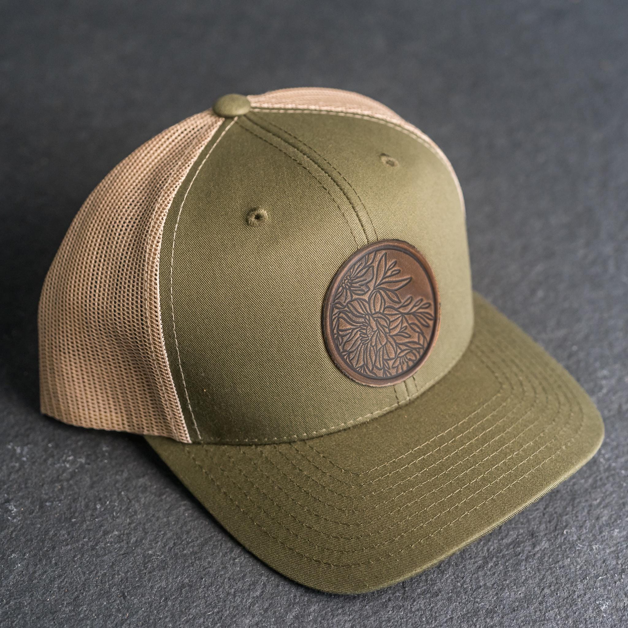 Trucker Cap with Leather Floral Patch and Snapback Closure IMG_E1465_2048x.jpg?v=1646018316 main image 2