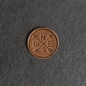 Compass Leather Patch | Optional Hook and Loop Fastener | 2.25&quot; x 2.25&quot; Circle | Compass Rose Patch for Backpack, Jackets, & more |