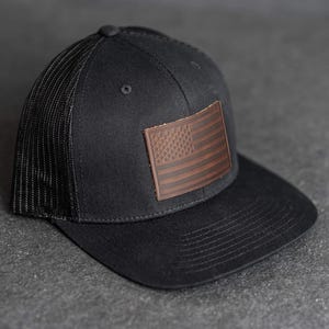 American Flag Trucker Hat | Leather Patch Trucker Style Hats for Men and Women | Patriotic Apparel | 4th of July | Custom Gift
