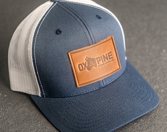 Your Logo Leather Patch Trucker Style Hats by Ox & Pine | Add Logo for Corporate, Business,Client gift|Personalize w/ Text| Back to School