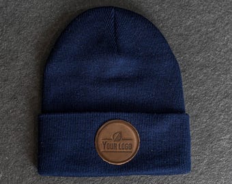Beanie with Leather Patch Attached - Your Logo (Circle) Stamp | Father's Day Gift