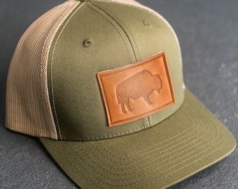 American Bison Stamp Trucker Hat | Leather Patch Trucker Style Hats | Buffalo Hat | High Quality Outdoor Gear | Mother's Day Gift