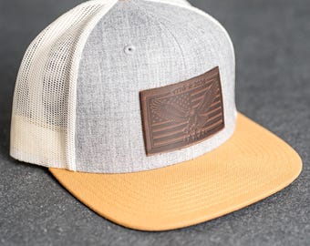 America’s 250th Anniversary Eagle Leather Patch Hat – Flat Bill Trucker Hat – Limited Edition | Father's Day Gift | Outdoor Hiking