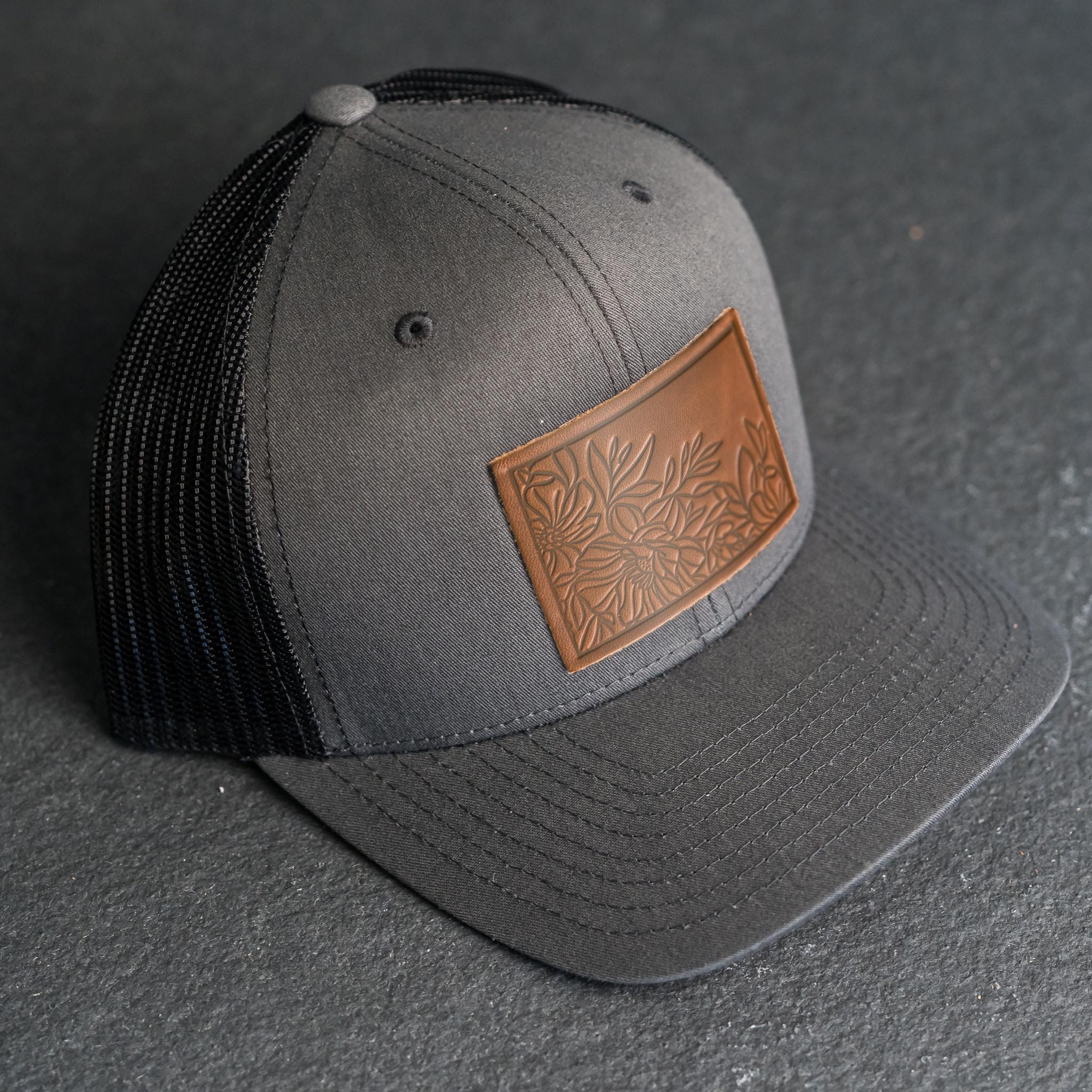 Floral Stamp Trucker Hat | Leather Patch Trucker Style Hats  display picture 3