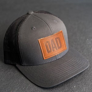 Dad Stamp Hat Leather Patch Trucker Style Hats Mother's Day Gift Gift for Dad Apparel for New Dad Birthday Gift Father's Day Charcoal/NaturalLthr