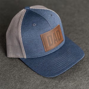 Dad Stamp Performance Hat | Leather Patch Performance Style Trucker Hats | Gift for Dad | Apparel for New Dad | Father&#39;s Day Gift