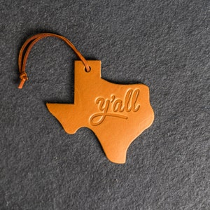 Y&#39;all Leather Christmas Ornament - Texas Shape | Stocking Tags | 2024 Texas Christmas Decorations | Teacher Gifts | Christmas Gift