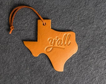 Y'all Leather Christmas Ornament - Texas Shape | Stocking Tags | 2023 Texas Christmas Decorations | Teacher Gifts | Mother's Day Gift