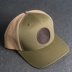 Howling Wolf Silhouette Hat | Leather Patch Trucker Style Hats for Men and Women | Hiking Outdoor Adventure Hat |  Custom Gift | Gift Ideas