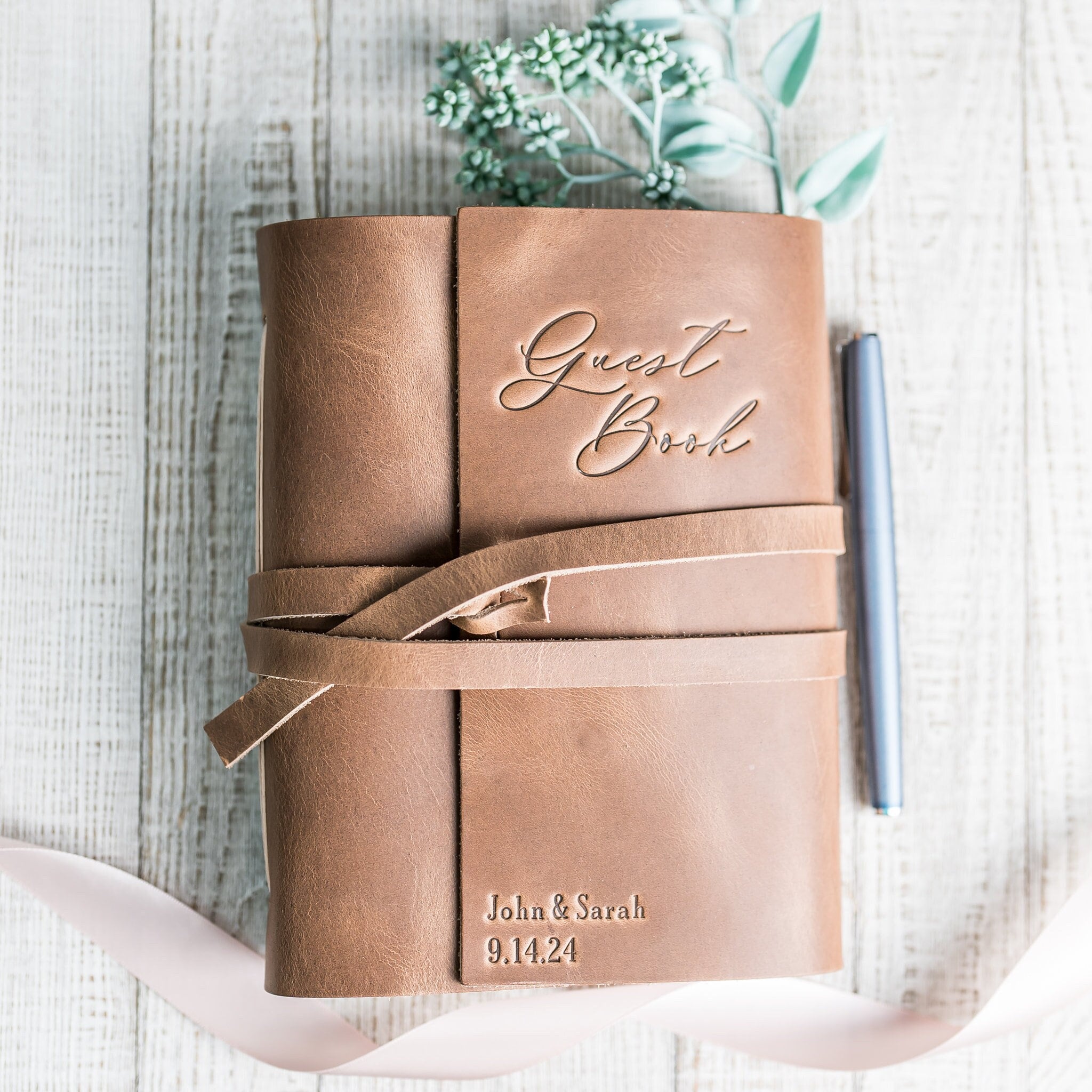 Personalized Leather Wedding Guest Book | 6" x 8" Handmade Sign In Journal with Custom Title Page Option | Custom Gift |