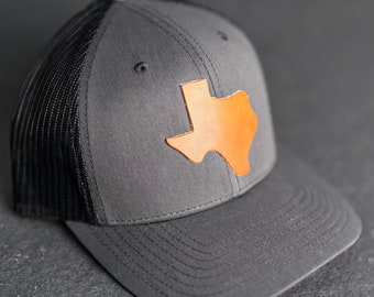 Texas Trucker Hat | Leather Patch Trucker Style Hats for Men or Women | State of Texas Apparel | Lone Star State | Gift Ideas