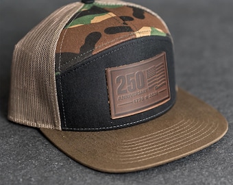 America’s 250th Anniversary Leather Patch Hat – Flat Bill 7 Panel Trucker Hat – Limited Edition | Father's Day Gift