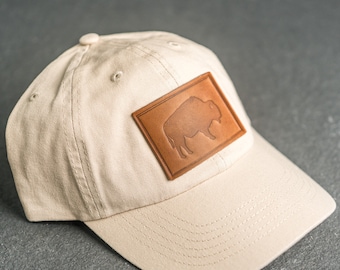 American Bison Stamp Unstructured Hat | Leather Patch Unstructured Style Hats for Him or Her | Buffalo Hat | Mom Hat | Outdoor Gear