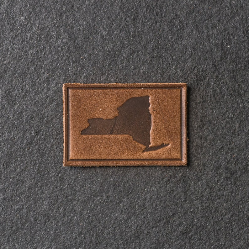 New York Leather Patch Velcro Option 3 x 2 Rectangle State of New York Patch for Backpacks, Jackets, and more Made in the USA Cafe