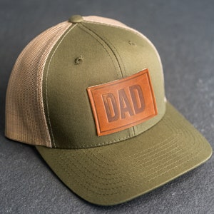 Dad Stamp Hat Leather Patch Trucker Style Hats Mother's Day Gift Gift for Dad Apparel for New Dad Birthday Gift Father's Day GrnKhaki/NaturalLthr