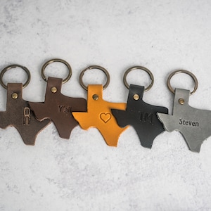 Personalized Leather Texas Keychain | Shape of Texas Key Fob with Attached Keyring | Customize with Initials/Name | Mother's Day Gift