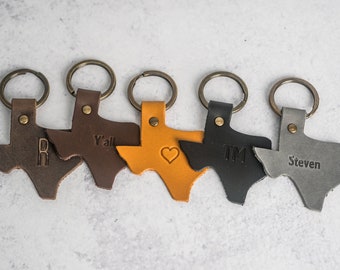 Personalized Leather Texas Keychain | Shape of Texas Key Fob with Attached Keyring | Customize with Initials/Name | Mother's Day Gift