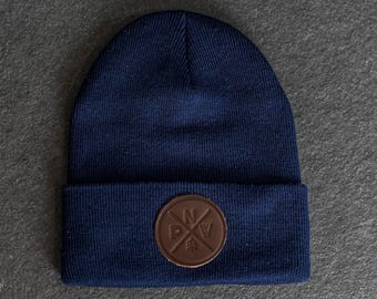 Beanie with Leather Patch Attached - PNW (Circle) Stamp | Father's Day Gift