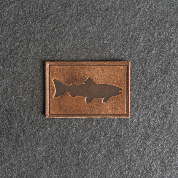 Fish Stamp Leather Patch | Velcro Option | 3" x 2" Rectangle | Fishing Hiking Outdoor Patch for Backpack, Jacket, and more | Mother's Day