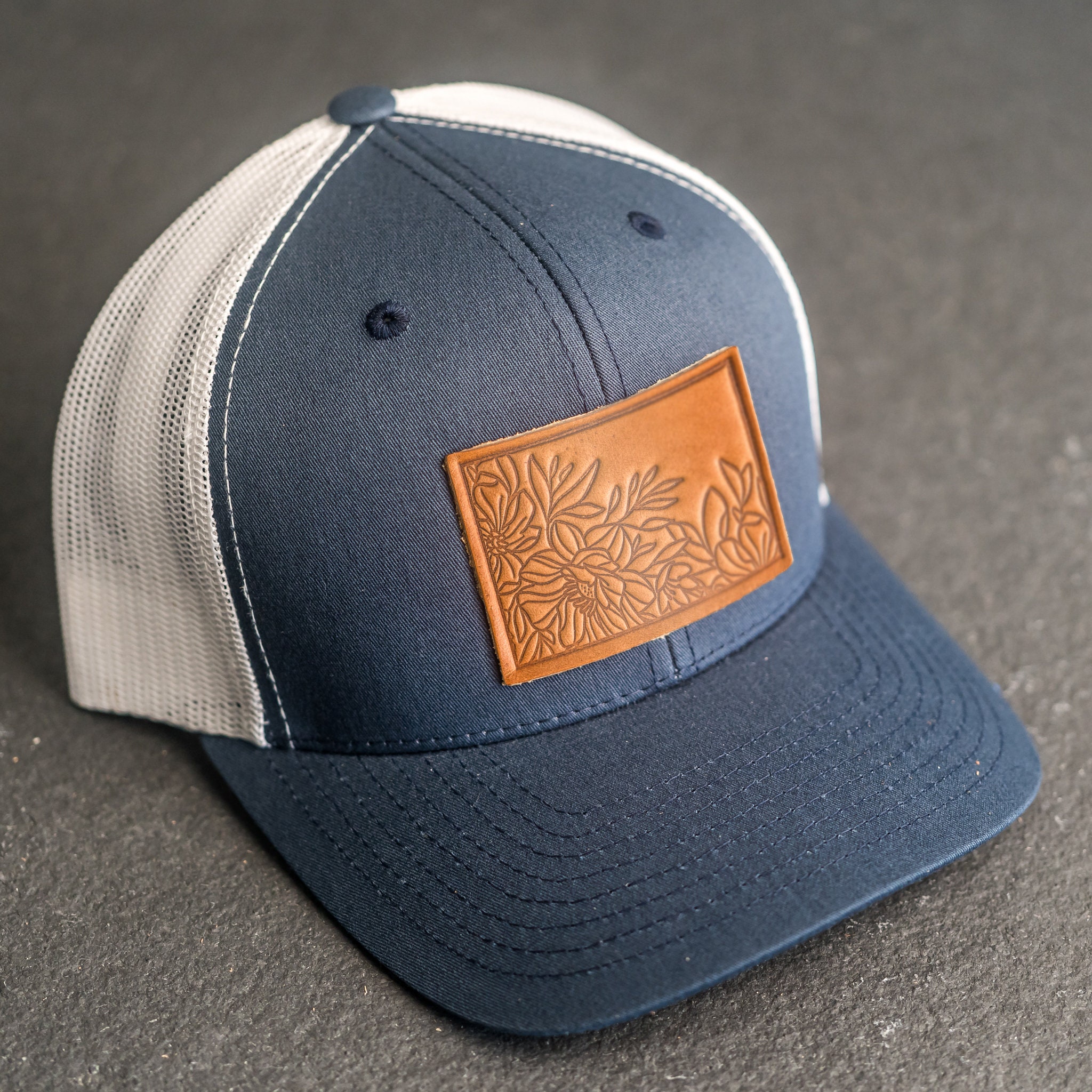 Floral Stamp Trucker Hat | Leather Patch Trucker Style Hats
