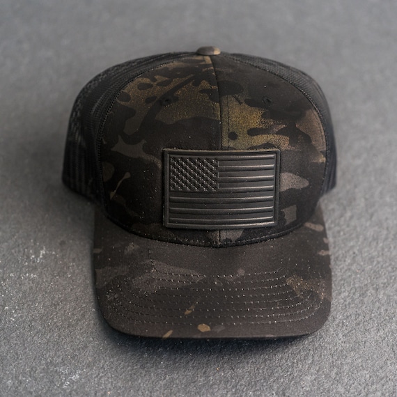 American Flag Hat Black Multicam Trucker Style Hat W/ Black
