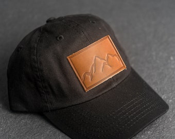 Mountain Range Unstructured Hat | Leather Patch Unstructured Style Hats Men and Women | Dad Hat | Hiking Outdoor Apparel | Father's Day Gift
