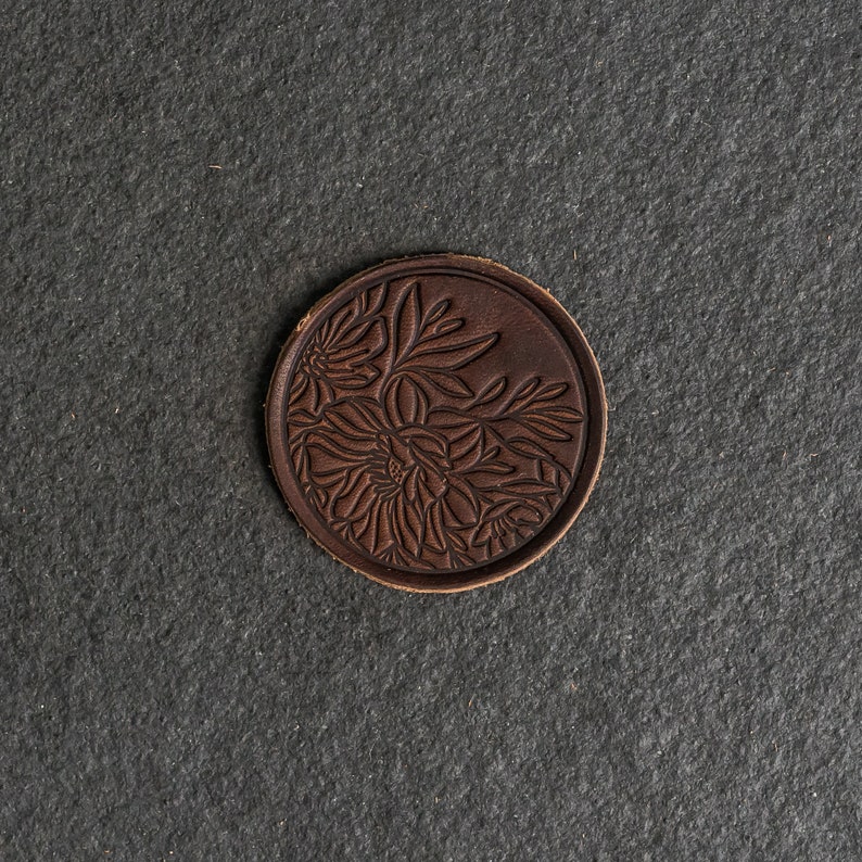 Floral Leather Patch Velcro Option 2.25 x 2.25 Circle Flower Design Hiking Patch for Backpack, Jackets, and more Mother's Day Gift Nut Brown Dublin