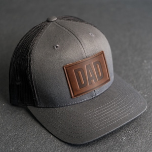 Dad Stamp Hat Leather Patch Trucker Style Hats Mother's Day Gift Gift for Dad Apparel for New Dad Birthday Gift Father's Day Charcoal/NutBrwnLthr