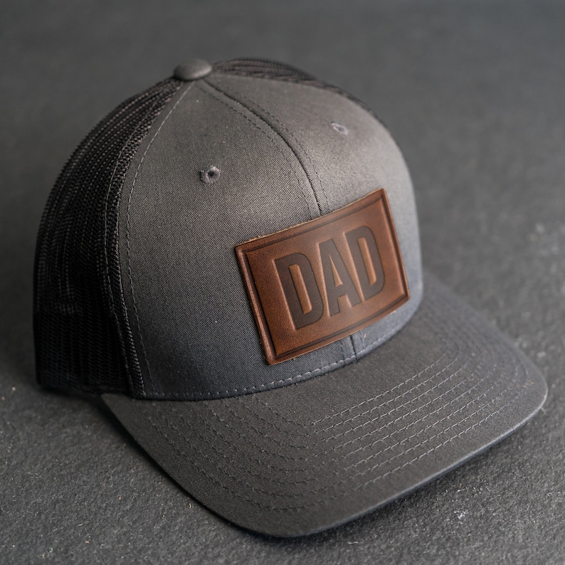 Dad Stamp Hat Leather Patch Trucker Style Hats Mother's Day Gift Gift for Dad Apparel for New Dad Birthday Gift Father's Day Charcoal/NutBrwnLthr