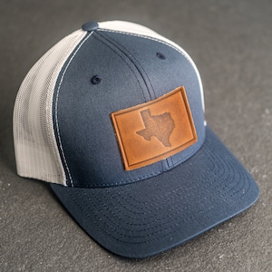 Texas Trucker Hat | Leather Patch Trucker Style Hats for Him or Her | State of Texas Apparel | Outdoor Accessories |Custom Gift|