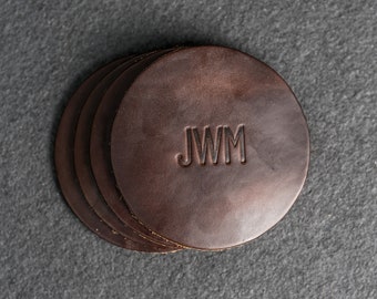 Personalized Leather Coasters | Set of 4 | Name or Initials | 100% Full Grain Leather | Mother's Day Gift