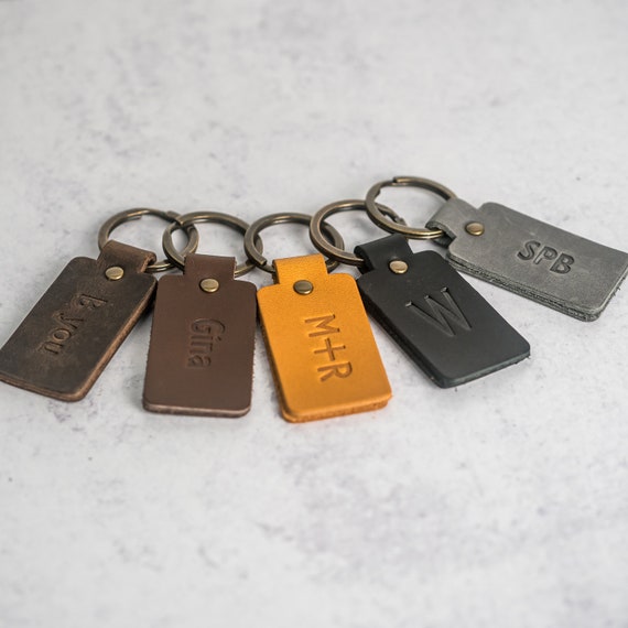 Personalized black leather key chain custom drop shape ring monogrammed keychain boyfriend fob holder clip keyring engraved gift 