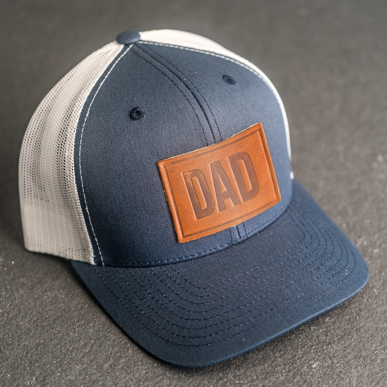 Dad Stamp Hat Leather Patch Trucker Style Hats Mother's Day Gift Gift for Dad Apparel for New Dad Birthday Gift Father's Day NvyWht/Natural Lthr