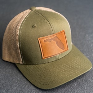 Florida Hat Leather Patch Trucker Style Hat for Men or Women State of Florida Apparel State Shape Outdoor Hiking Mother's Day GrnKhaki/NaturalLthr