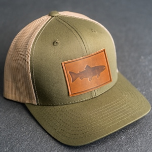Fish Stamp Hat | Leather Patch Trucker Style Hats for Him or Her | Fishing Hat | Outdoor Hiking Apparel | Custom Gift|