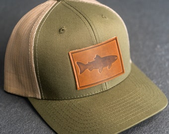 Fish Stamp Hat | Leather Patch Trucker Style Hats for Him or Her | Fishing Hat | Outdoor Hiking Apparel | Mother's Day Gift